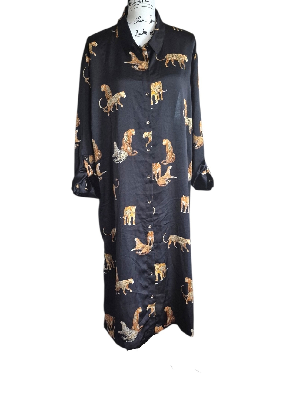 Black Leopard Cheetah Satin Maxi Shirt Dress L Animal Print Safari Eclectic Boho